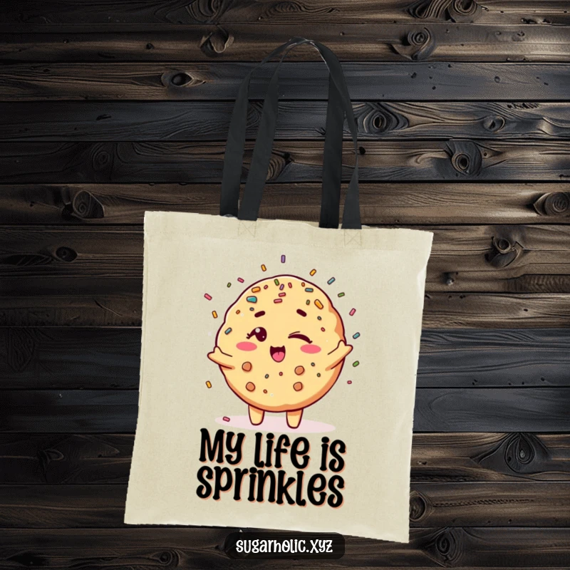 Funny winking cookie character showering sprinkles, a fun and practical tote bag for sweet adventures.
