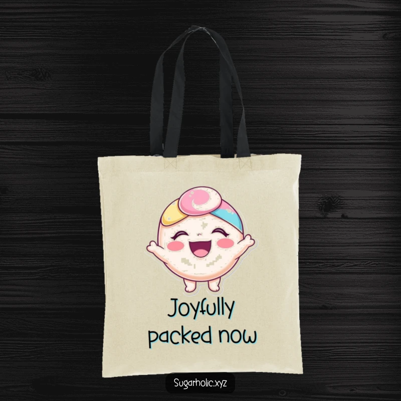 Funny tote bag with a delighted candy character radiating pure joy, perfect for carrying happy essentials.