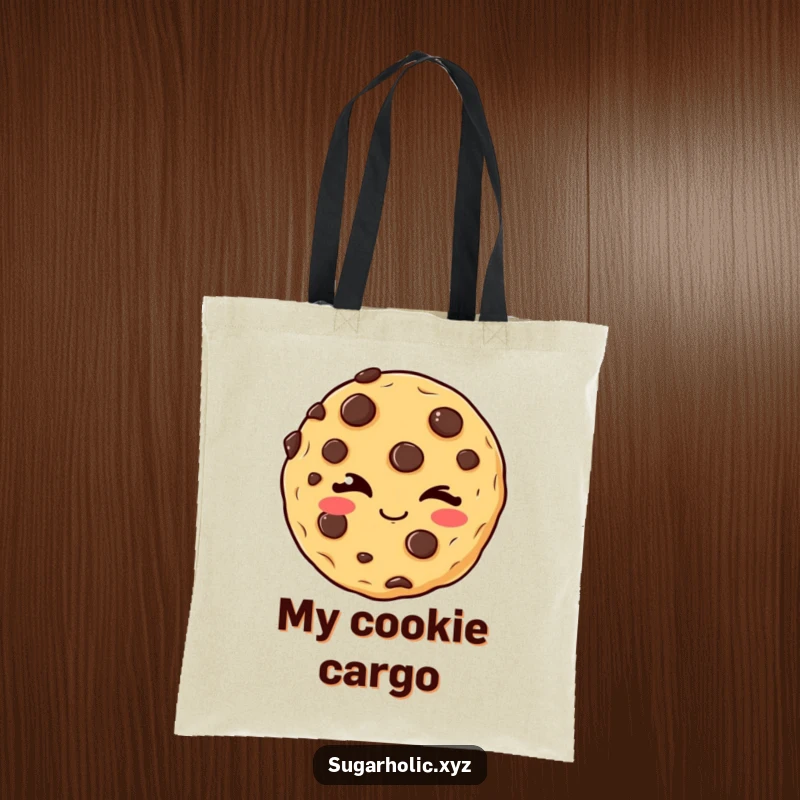 Funny winking cookie tote bag featuring a delighted chocolate chip cookie giving a mischievous wink, a perfect accessory for snack lovers.