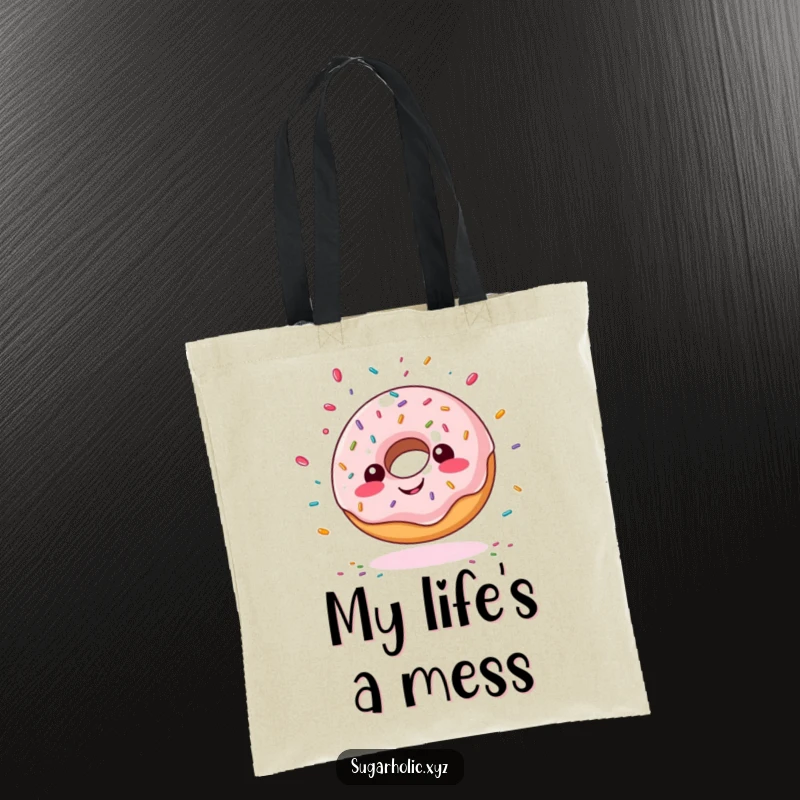 Funny giddy doughnut tote bag, with sprinkles flying outwards, a humorous and practical accessory for carrying gifts.