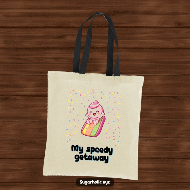 Funny Tote Bag: Candy character gleefully slides down a rainbow sprinkle slide, perfect for carrying goodies with adventurous flair.