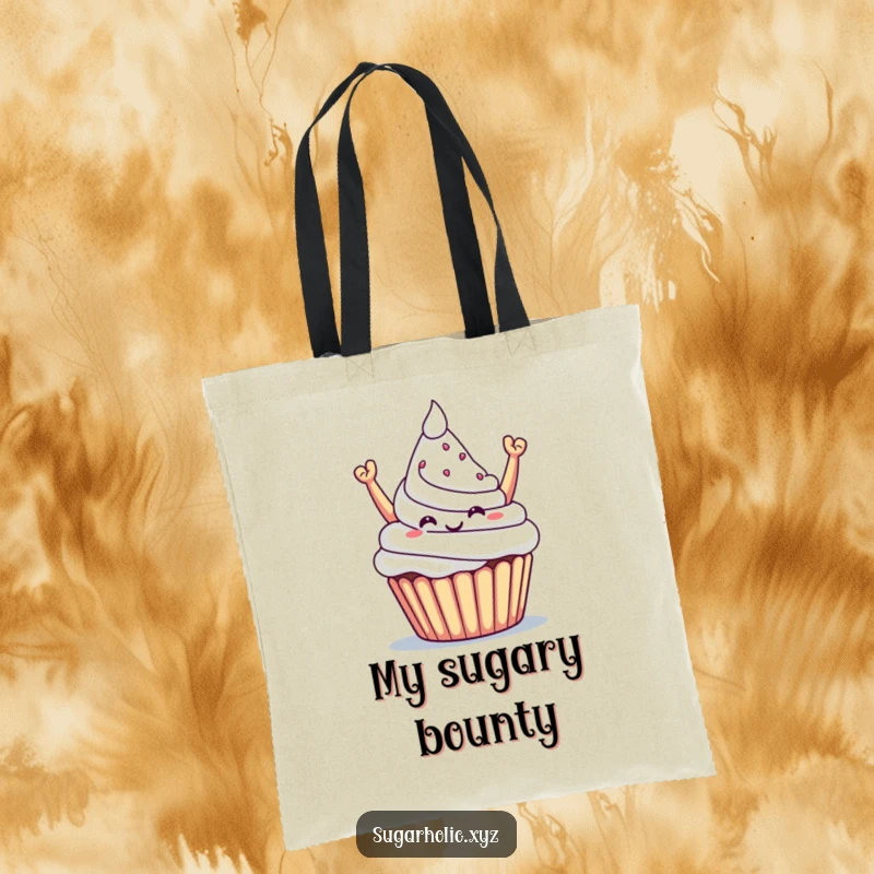 Funny tote bag with a triumphant cupcake offering a sugary mountain, great for carrying daily items.