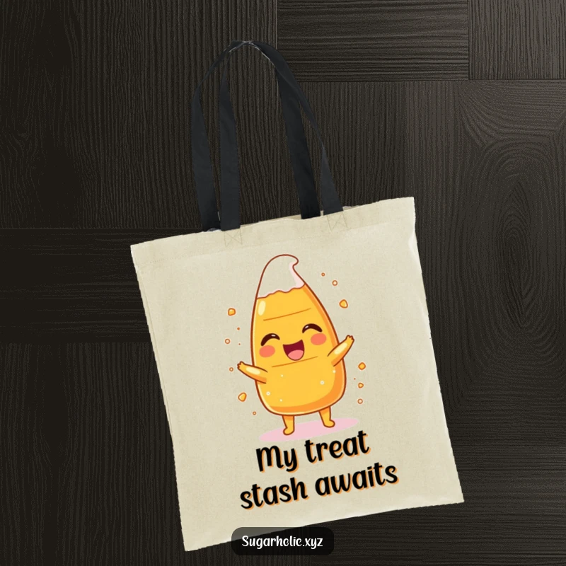 Funny candy corn character laughing heartily, covered in sugar, printed on a stylish and humorous tote bag.
