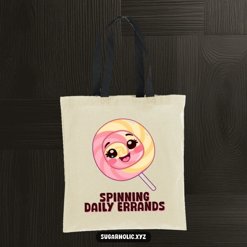 Funny Lollipop Tote Bag: A giggling lollipop spins around, perfect for carrying items with a sweet and humorous design.